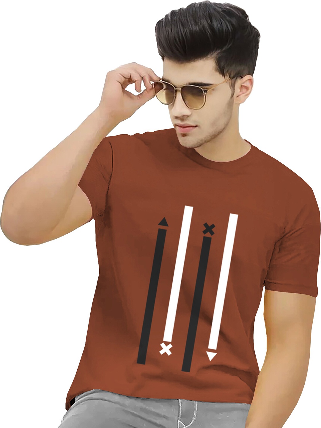 

BLIVE Geometric Printed Round Neck Short Sleeves T-shirt, Brown