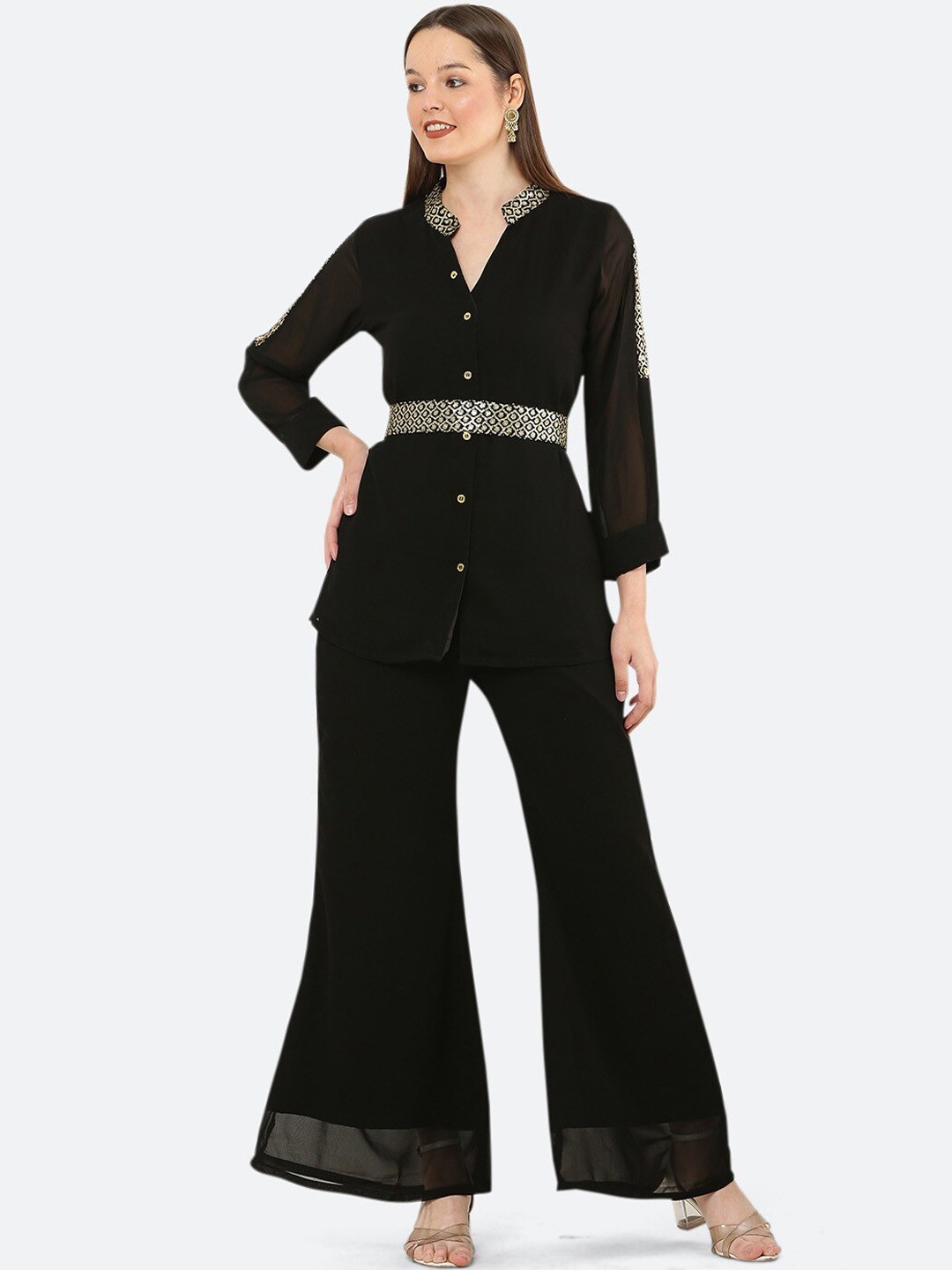 

Ashnaina Women Embellished Detail Shirt With Flared Trouser Co-Ord Set, Black