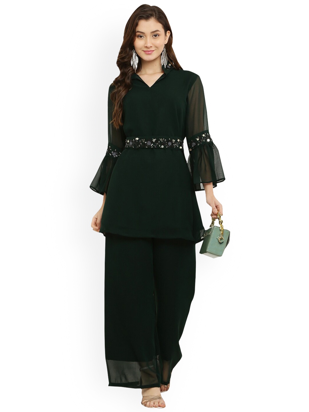 

Ashnaina Women Embellished Tunic With Palazzo Co-Ord Set, Green