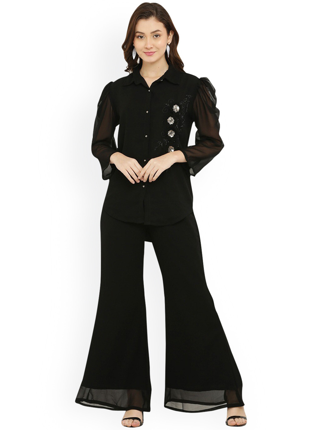 

Ashnaina Women Embellished Shirt With Flared Trouser Co-Ord Set, Black