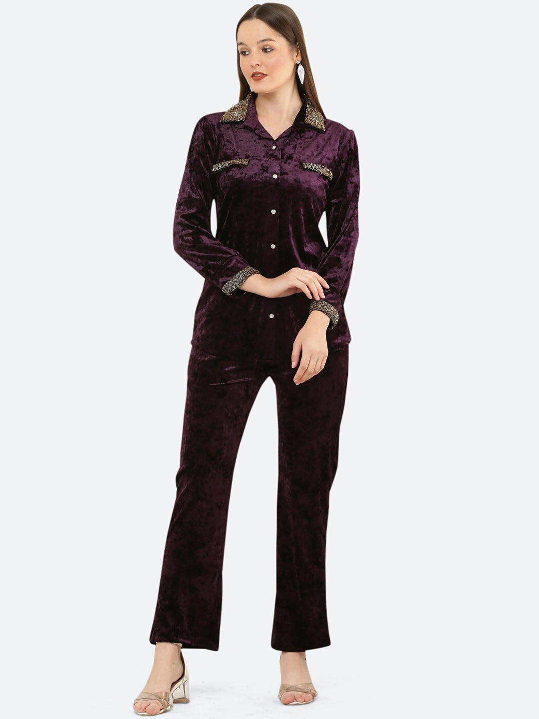 

Ashnaina Women Embellished Velvet Shirt & Trousers, Violet