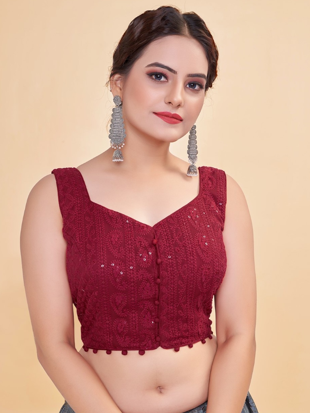 

HIMRISE Embroidered Georgette Saree Blouse, Maroon