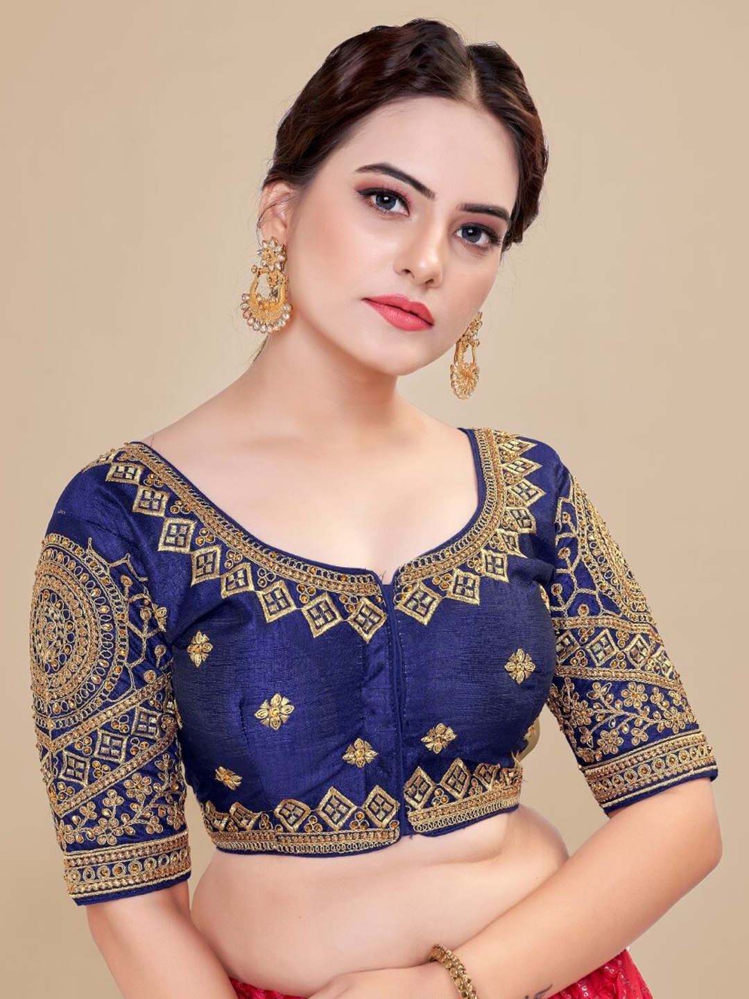 

HIMRISE Embroidered Round Neck Half Sleeves Saree Blouse, Navy blue
