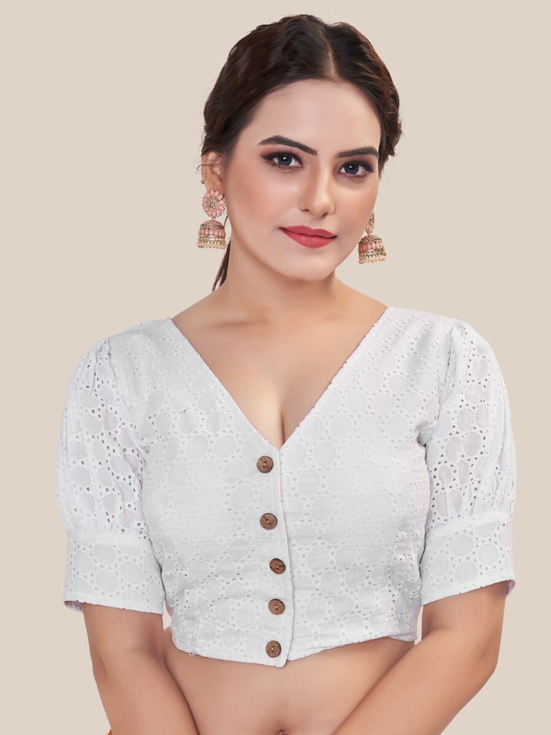 

HIMRISE Embroidered Cotton Saree Blouse, White