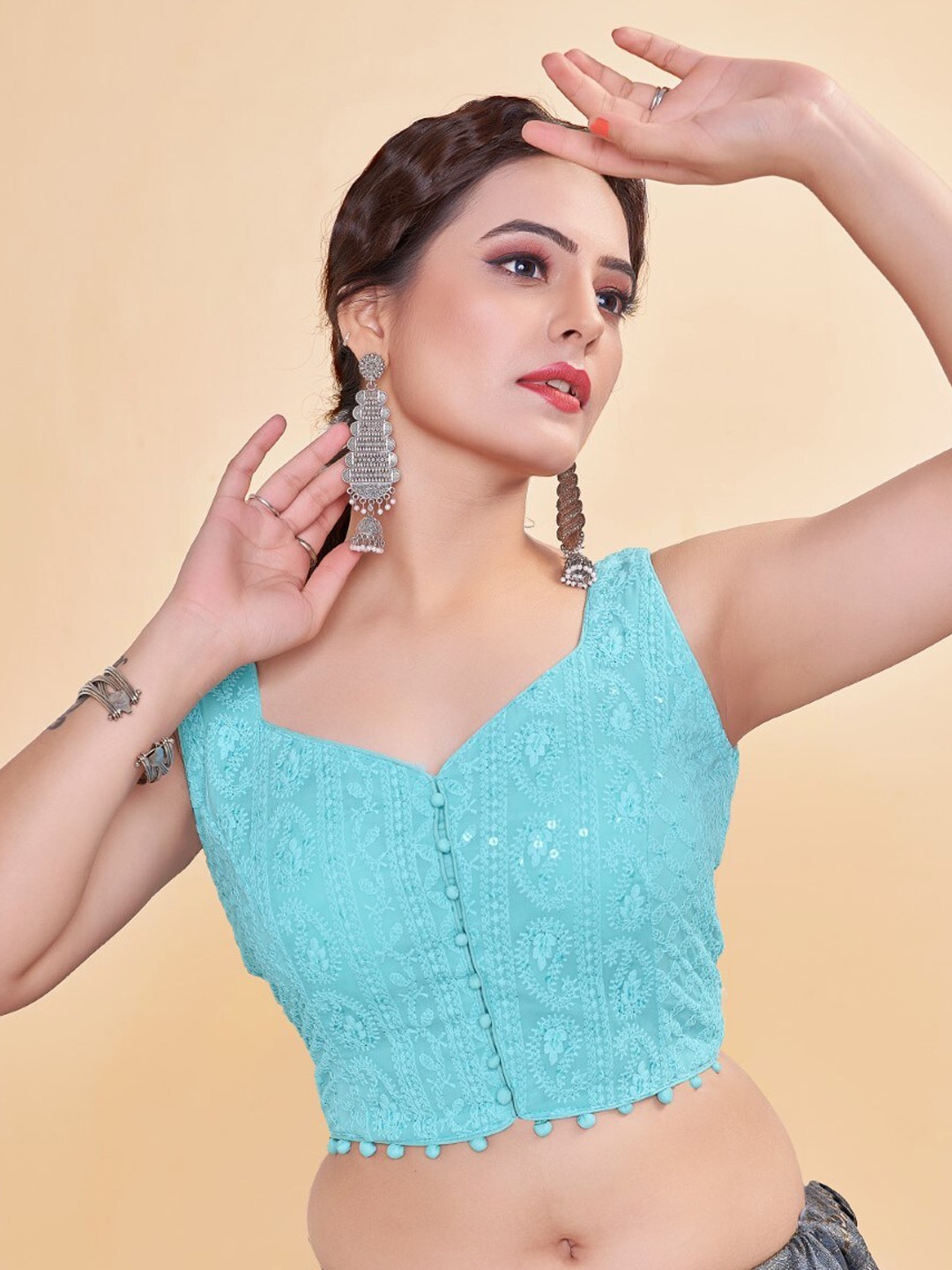 

HIMRISE Embroidered Sleeveless Georgette Saree Blouse, Teal