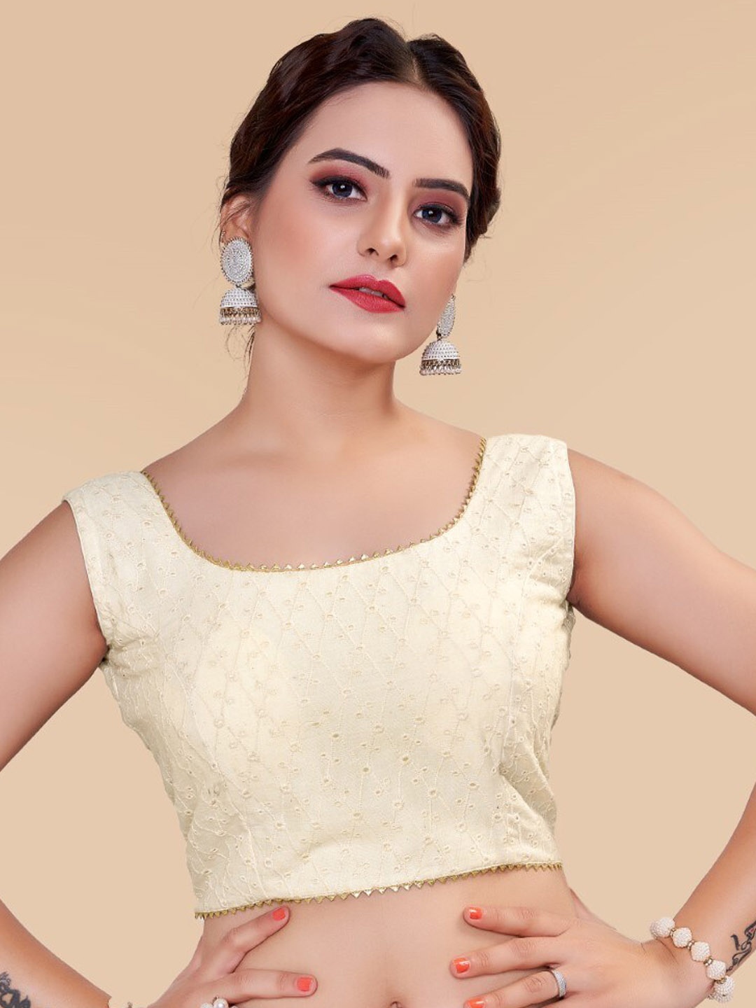 

HIMRISE Embroidered Sleeveless Cotton Saree Blouse, Cream