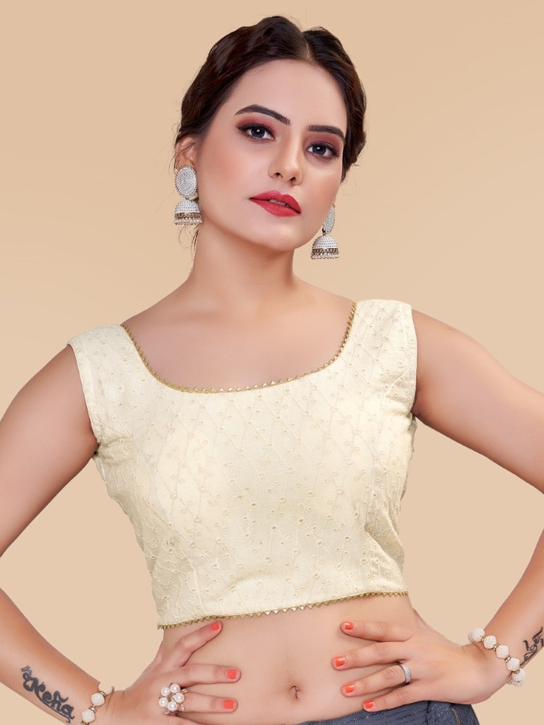 

HIMRISE Embroidered Sleeveless Saree Blouse, Cream