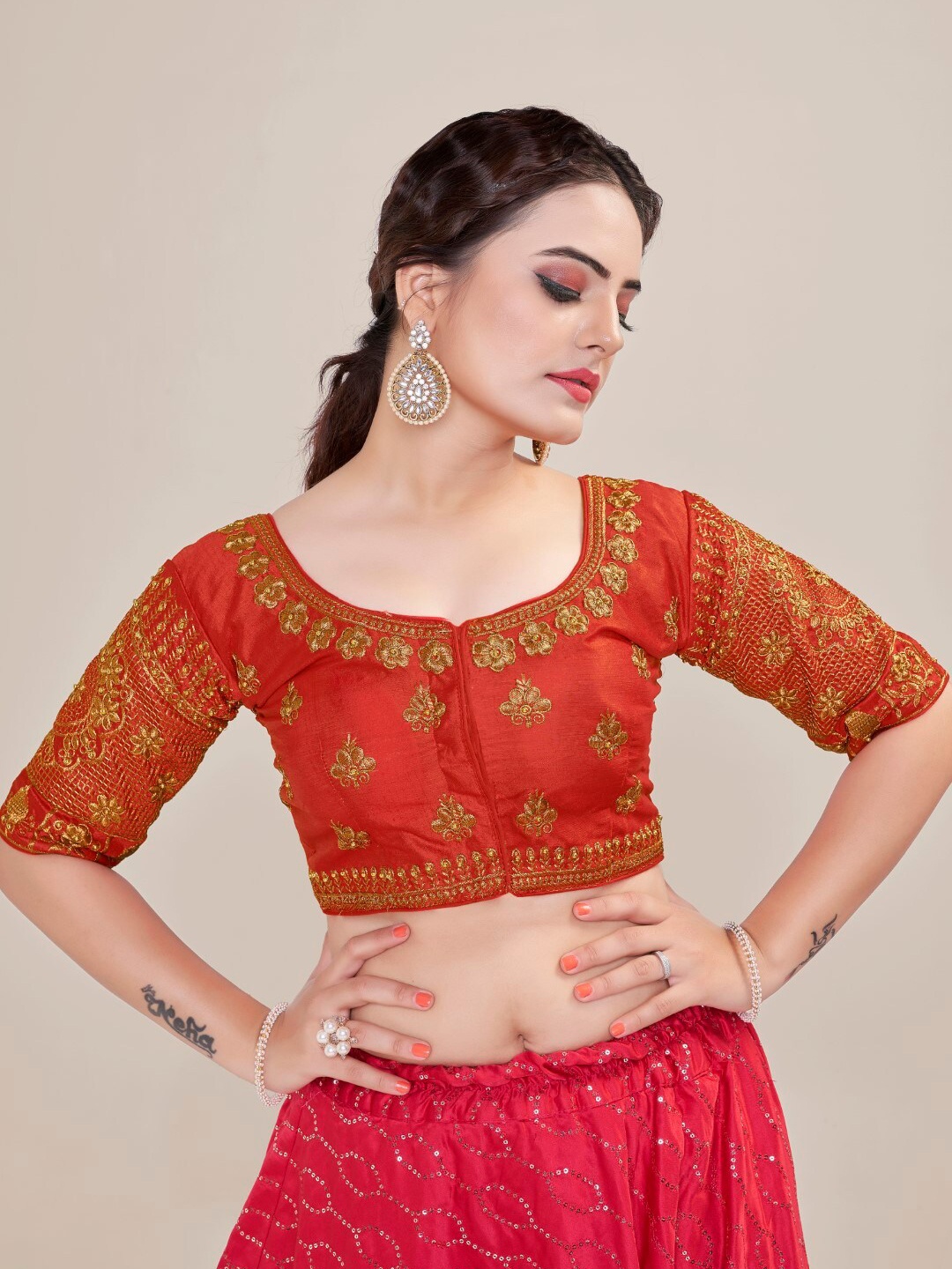 

HIMRISE Embroidered Round Neck Silk Saree Blouse, Red