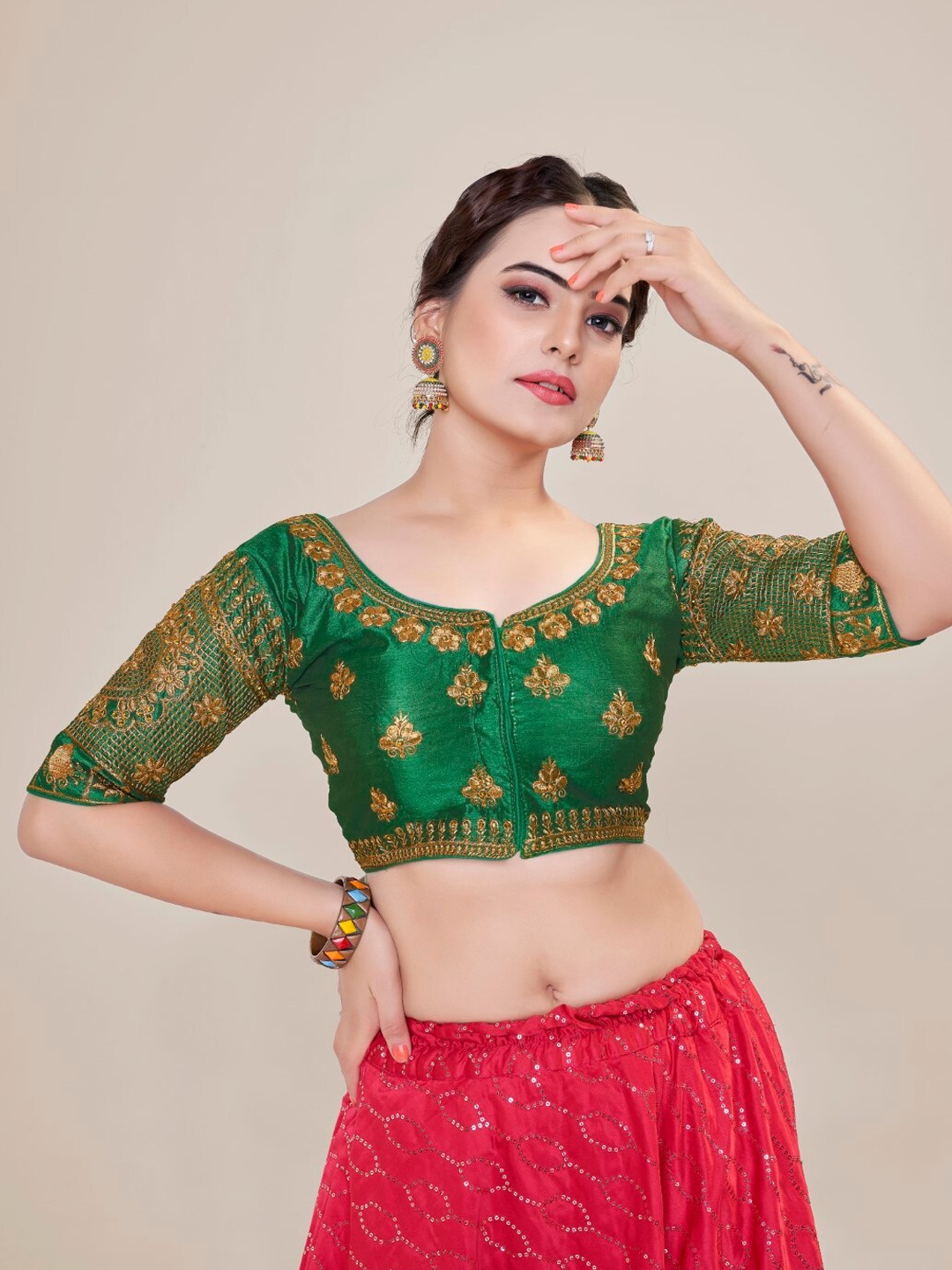 

HIMRISE Embroidered Silk Saree Blouse, Green
