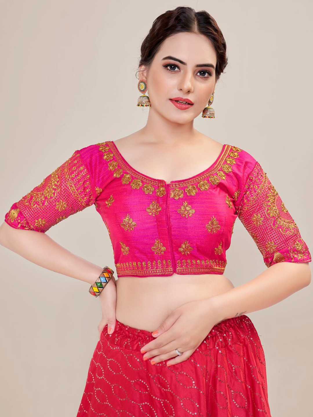 

HIMRISE Embroidered Silk Saree Blouse, Pink
