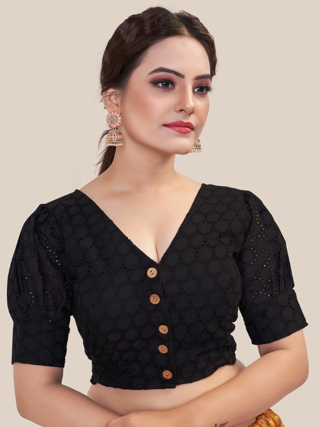 

HIMRISE Embroidered Cotton Saree Blouse, Black