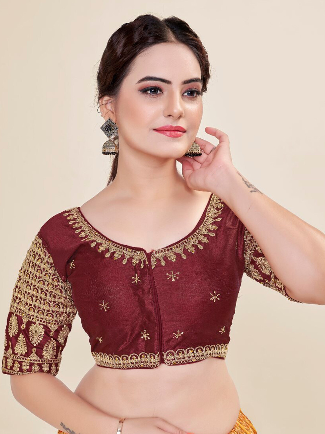 

HIMRISE Embroidered Silk Saree Blouse, Maroon
