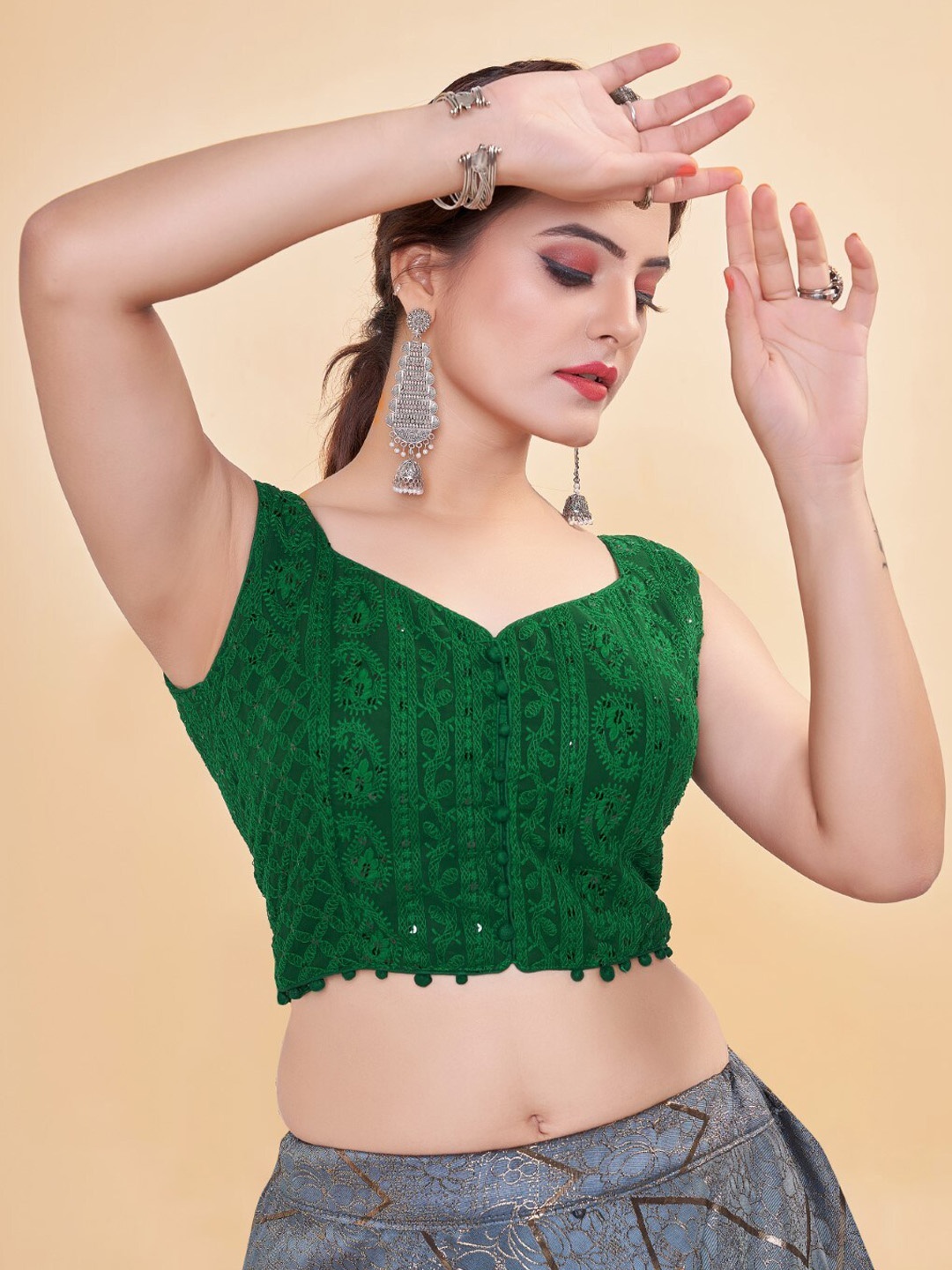 

HIMRISE Embroidered Sweetheart Neck Saree Blouse, Green