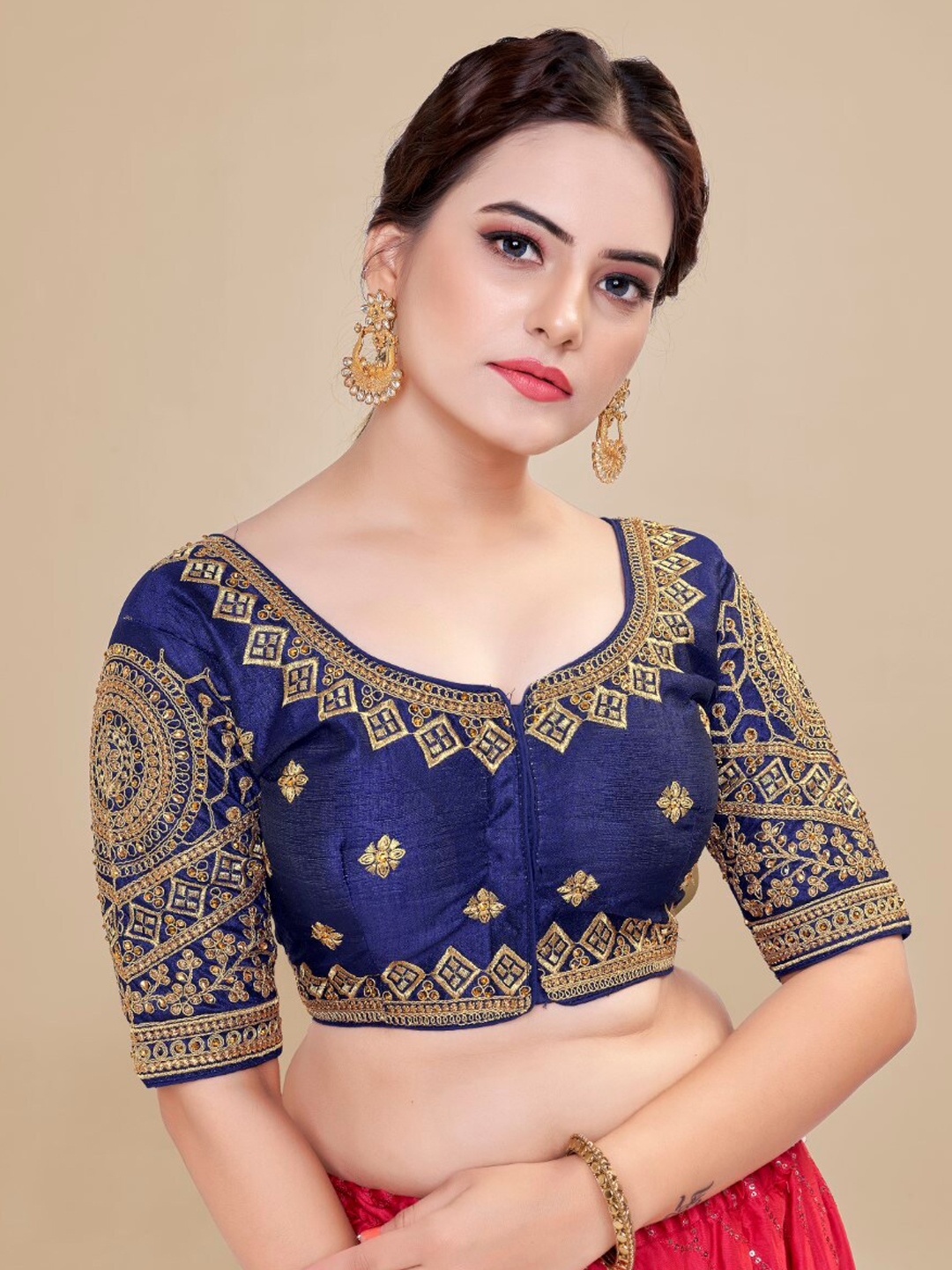 

HIMRISE Embroidered Silk Saree Blouse, Navy blue