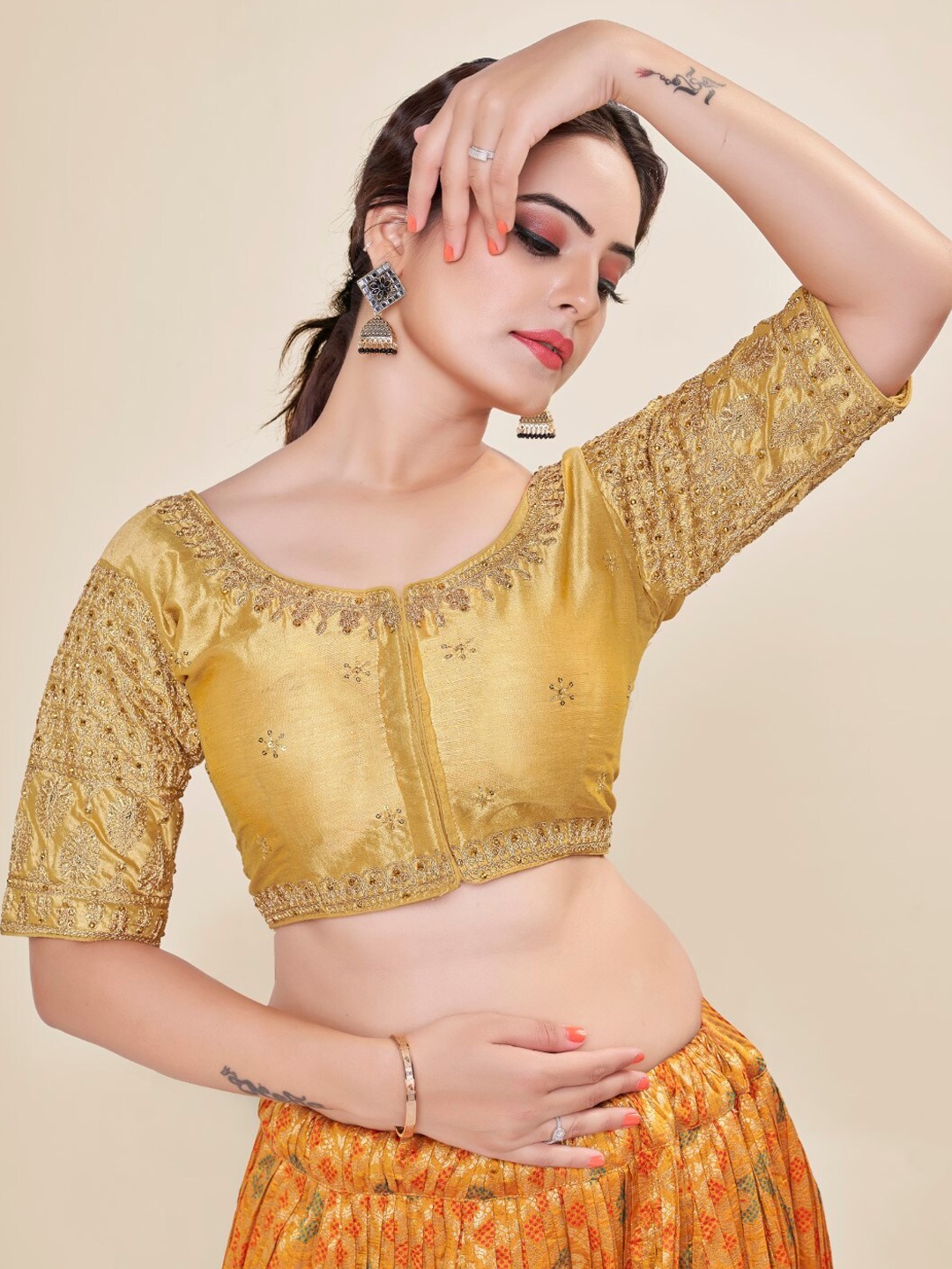 

HIMRISE Embroidered Round Neck Silk Saree Blouse, Gold