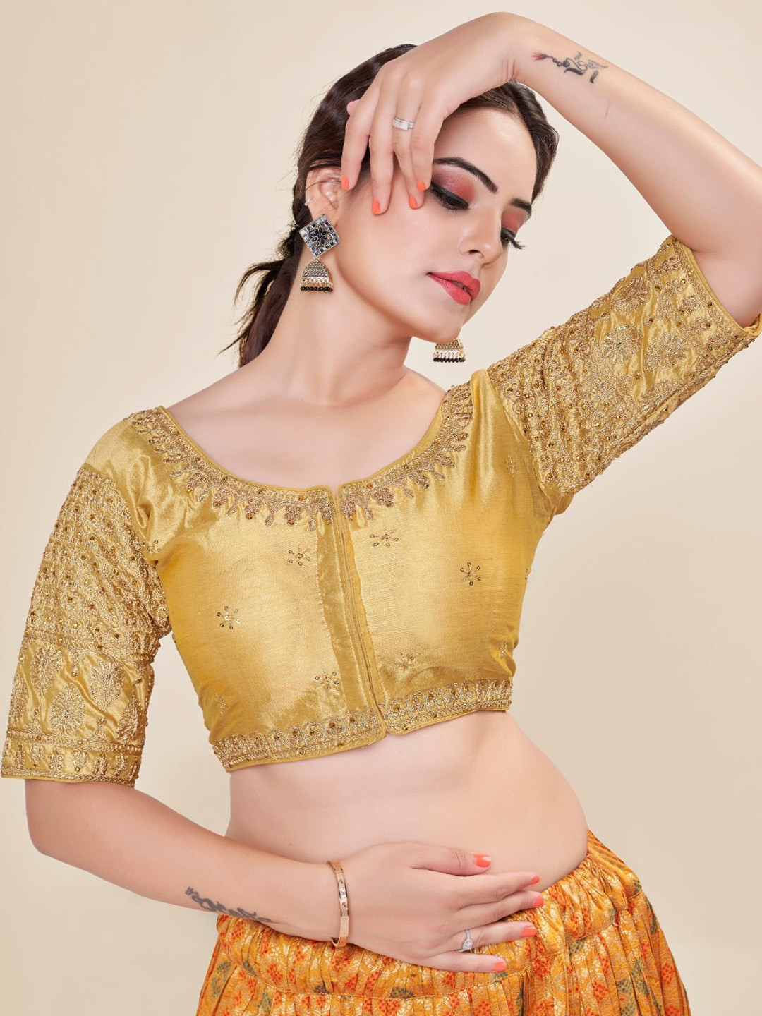 

HIMRISE Embroidered Silk Saree Blouse, Gold