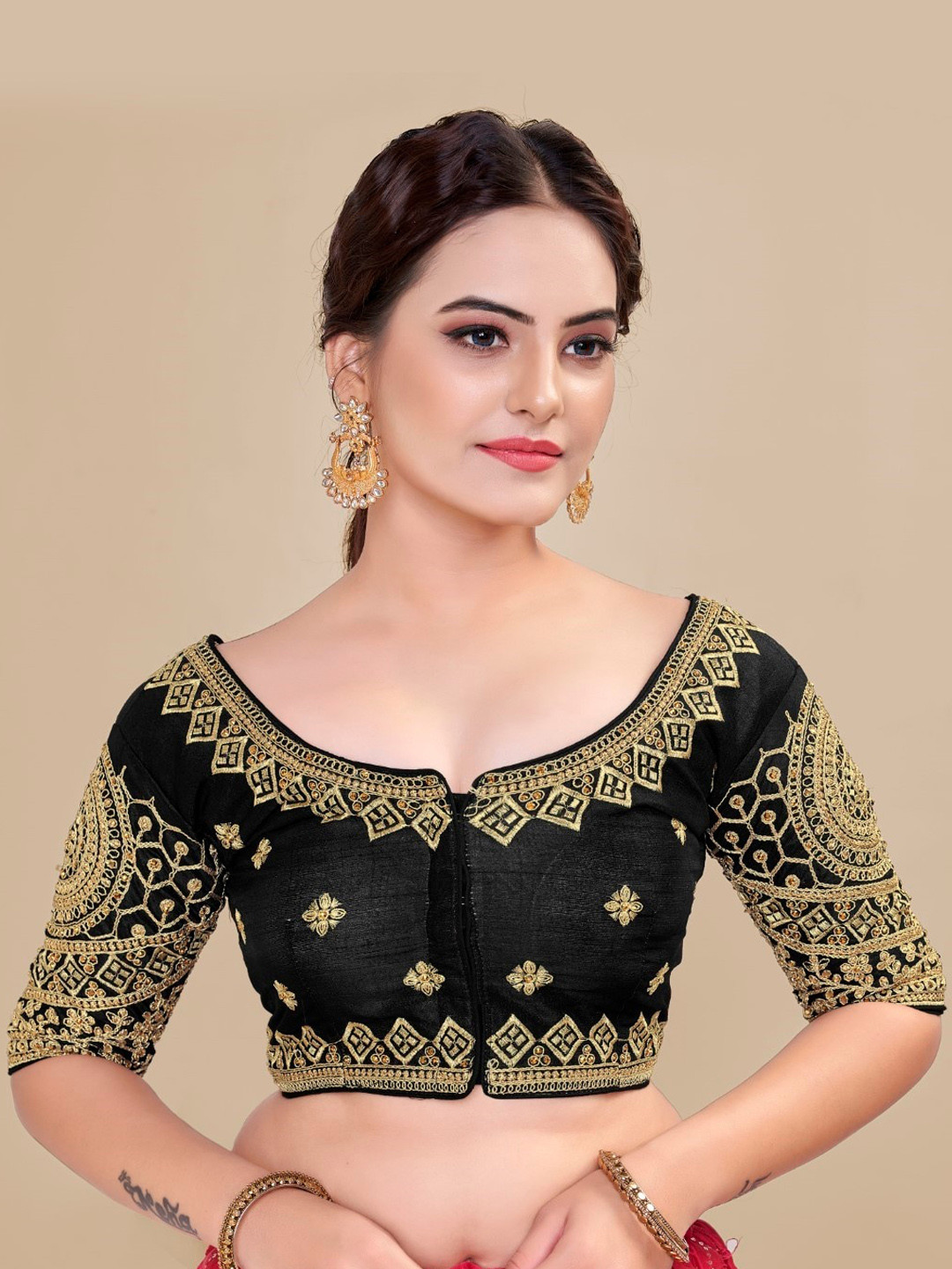 

HIMRISE Embroidered Silk Saree Blouse, Black