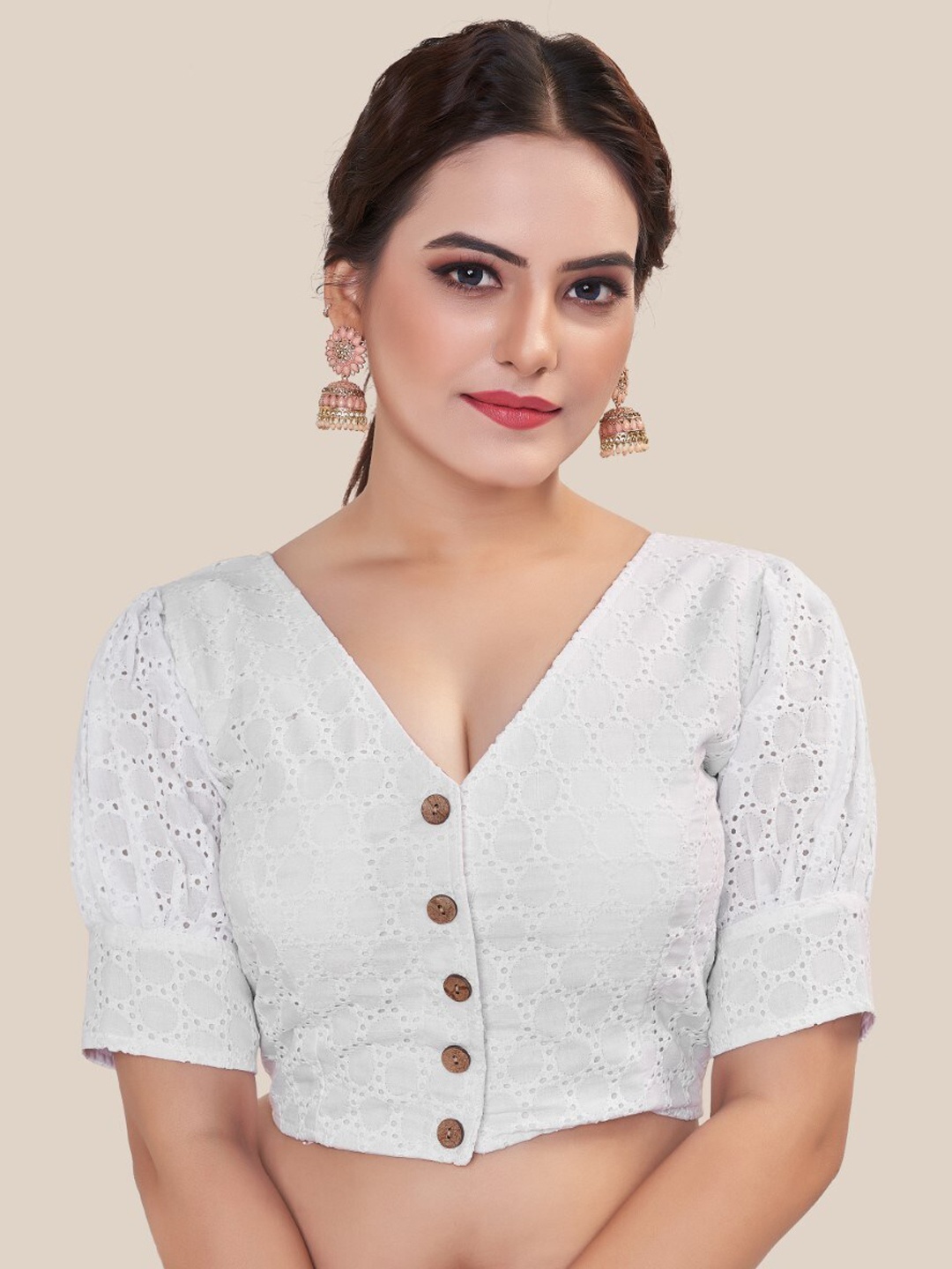 

HIMRISE Embroidered V-Neck Cotton Saree Blouse, White