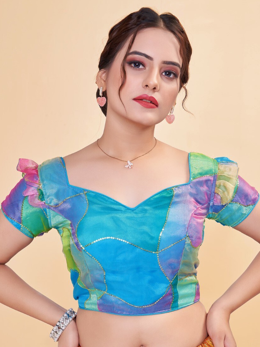 

HIMRISE Embellished Organza Saree Blouse, Teal