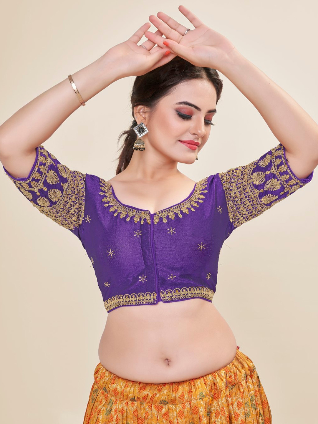 

HIMRISE Embroidered Round Neck Silk Saree Blouse, Purple
