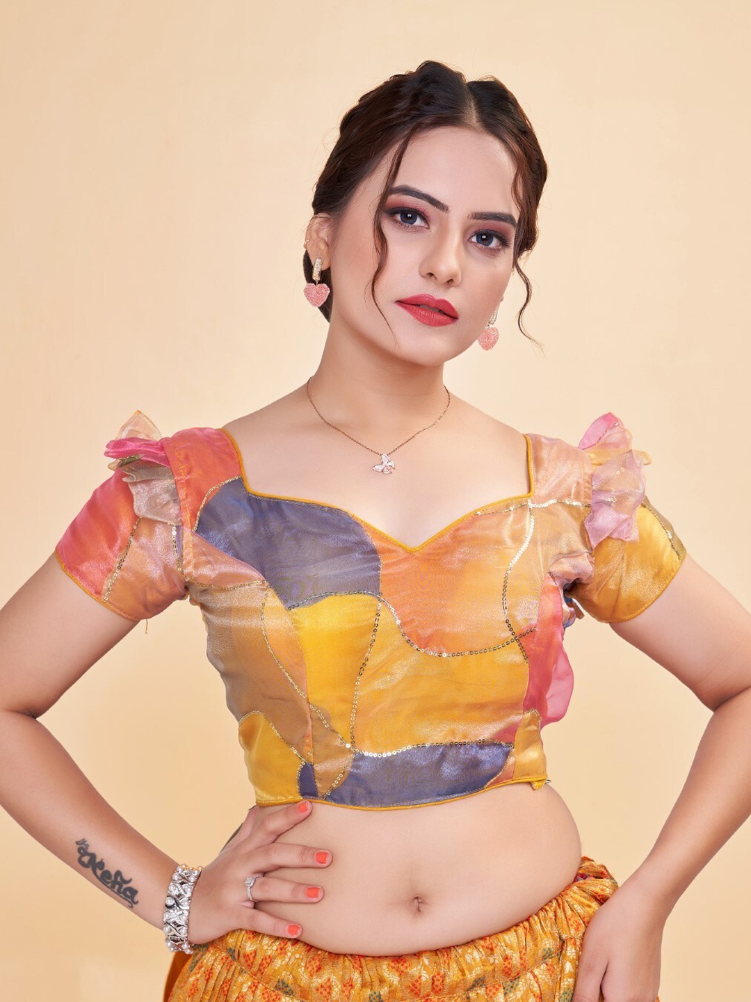

HIMRISE Embellished Organza Saree Blouse, Yellow