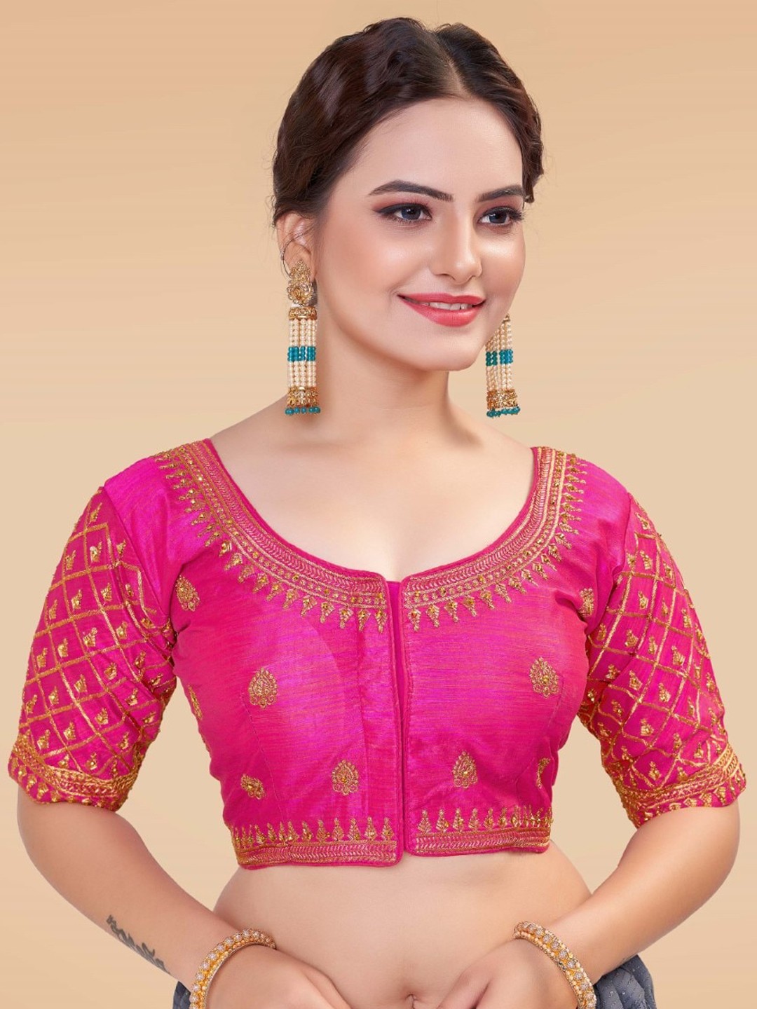 

HIMRISE Embroidered Silk Saree Blouse, Pink