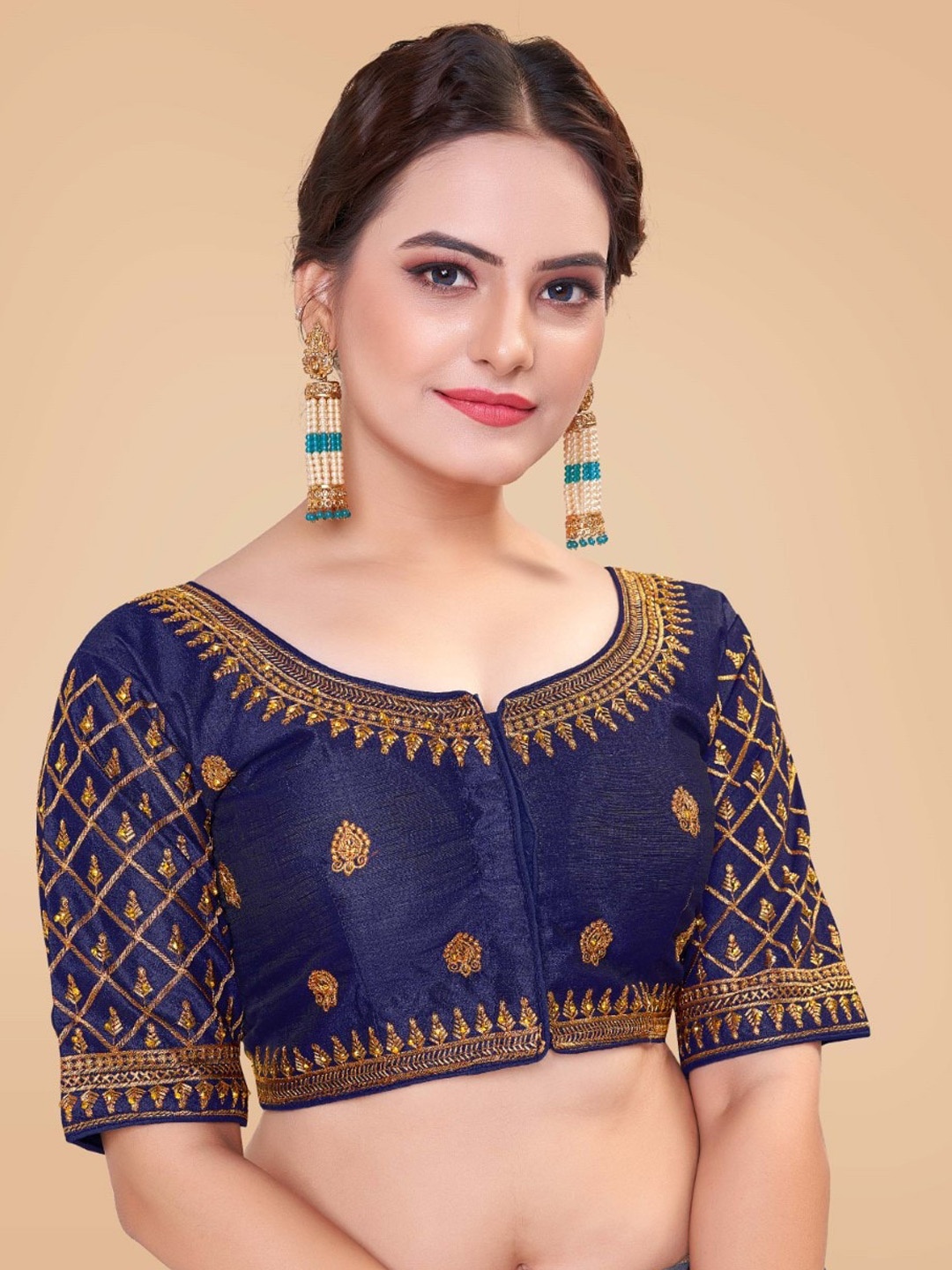 

HIMRISE Embroidered Silk Saree Blouse, Navy blue