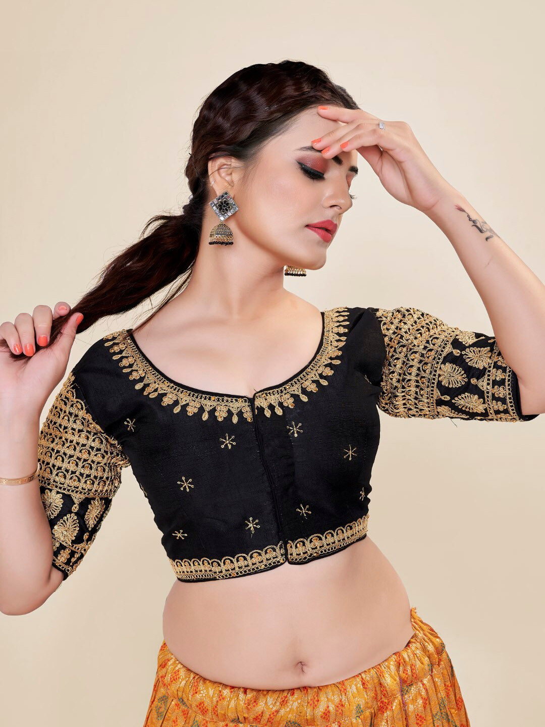 

HIMRISE Embroidered Round Neck Silk Saree Blouse, Black