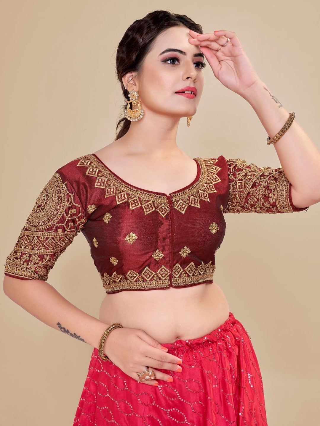 

HIMRISE Embroidered Silk Saree Blouse, Maroon