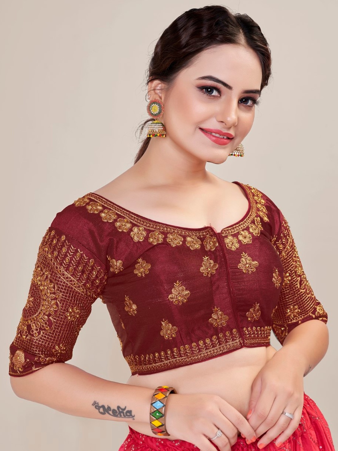 

HIMRISE Embroidered Silk Saree Blouse, Brown