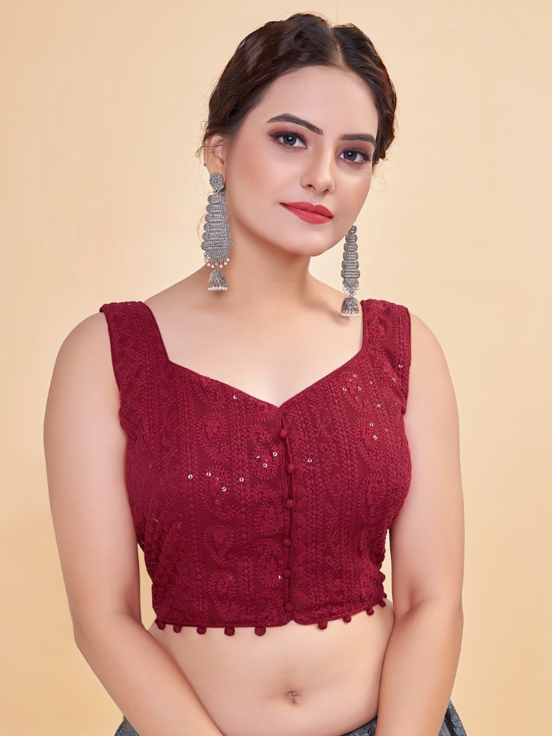 

HIMRISE Embroidered Sleeveless Georgette Saree Blouse, Maroon