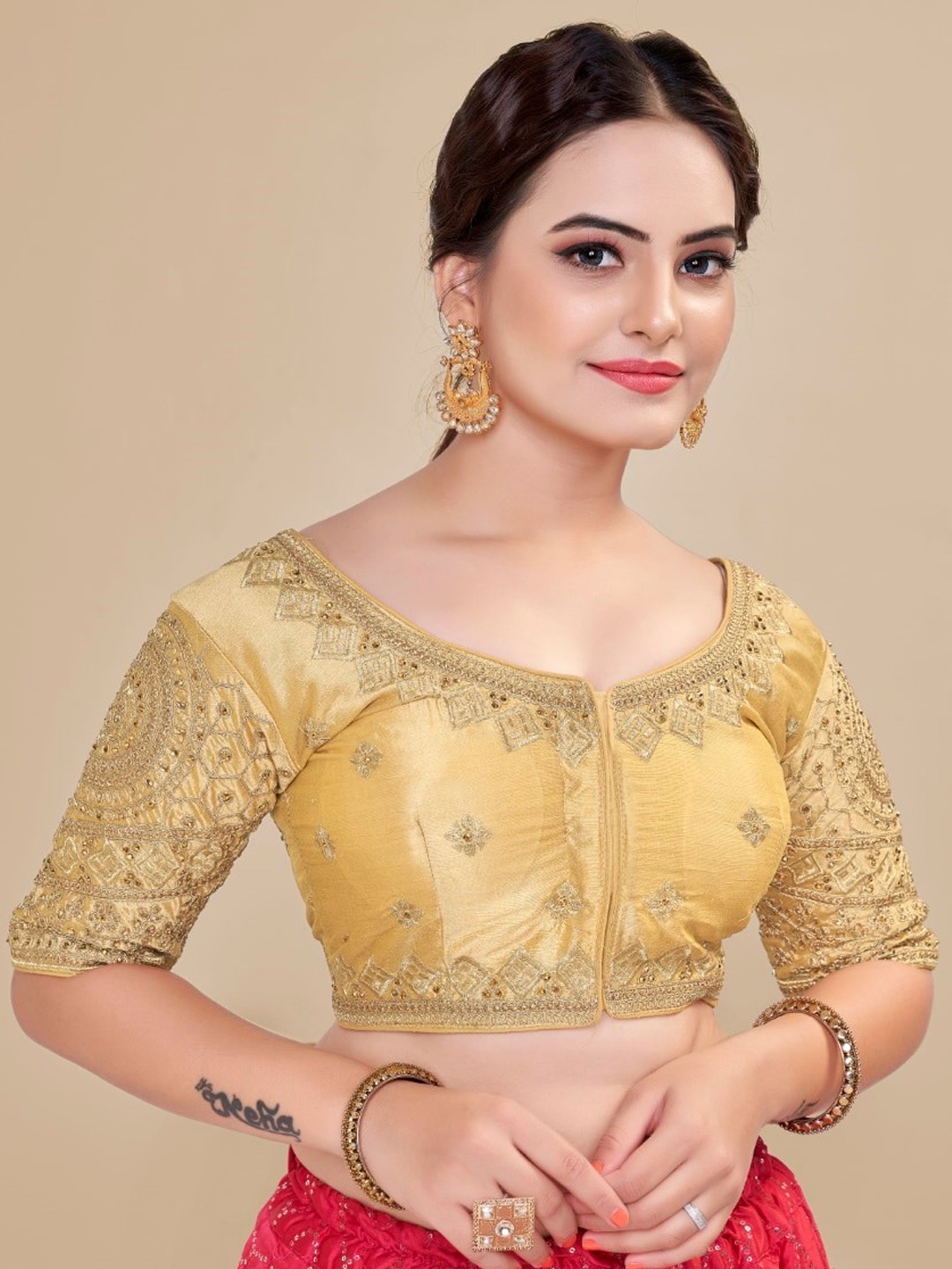 

HIMRISE Embroidered Round Neck Silk Saree Blouse, Gold