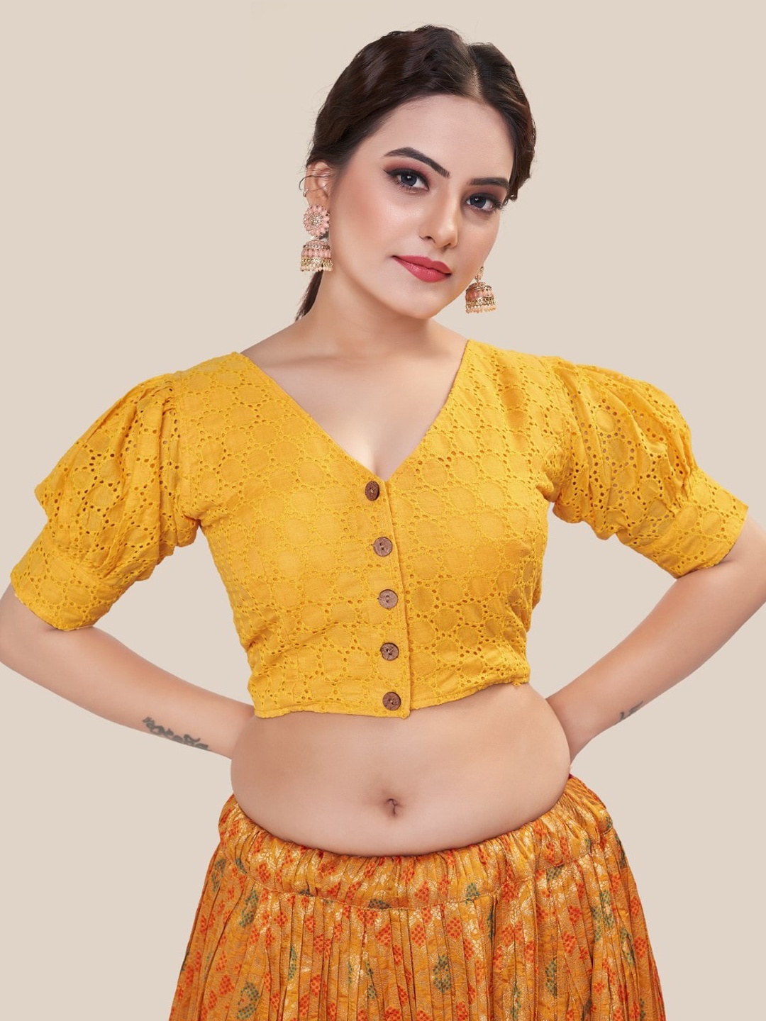 

HIMRISE Embroidered V-Neck Saree Blouse, Yellow