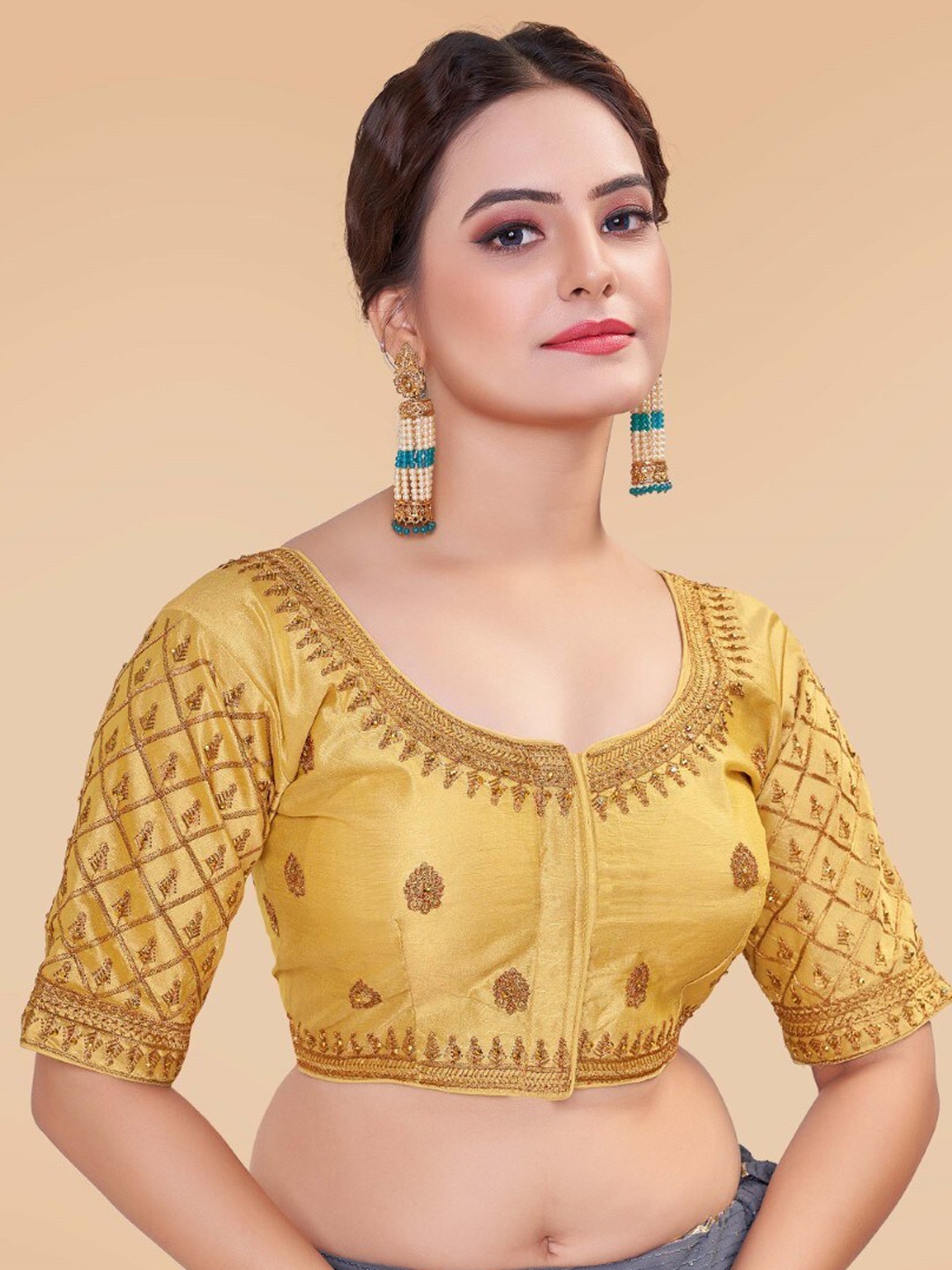 

HIMRISE Embroidered Round Neck Silk Saree Blouse, Gold