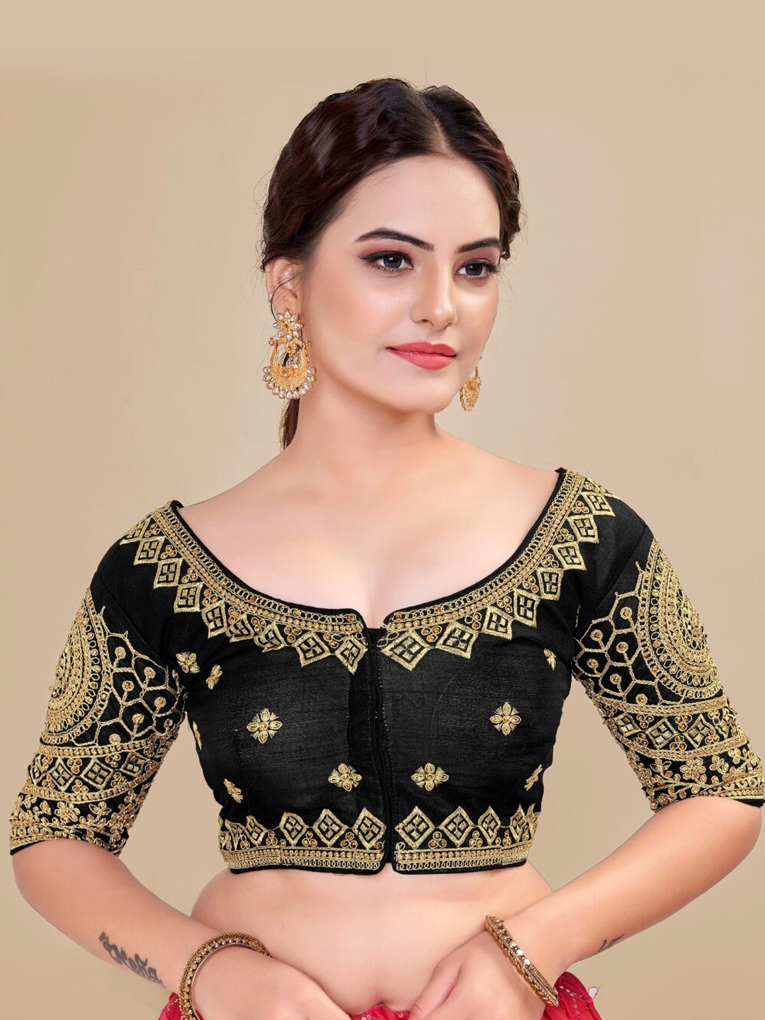 

HIMRISE Embroidered Silk Saree Blouse, Black