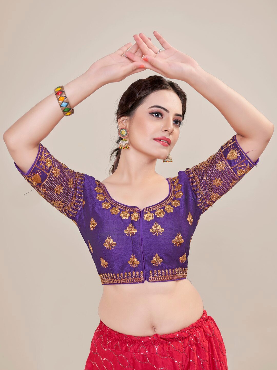 

HIMRISE Embroidered Round Neck silk Saree Blouse, Purple