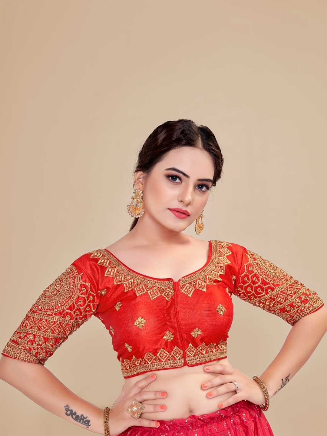 

HIMRISE Embroidered Silk Saree Blouse, Red