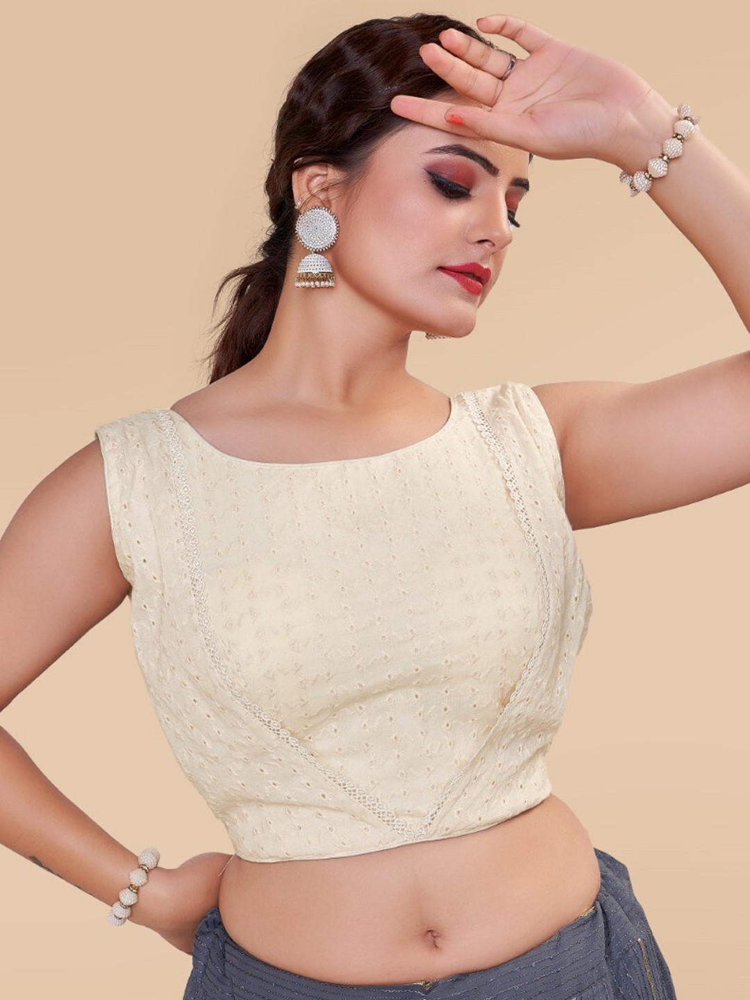 

HIMRISE Embroidered Sleeveless Saree Blouse, Cream