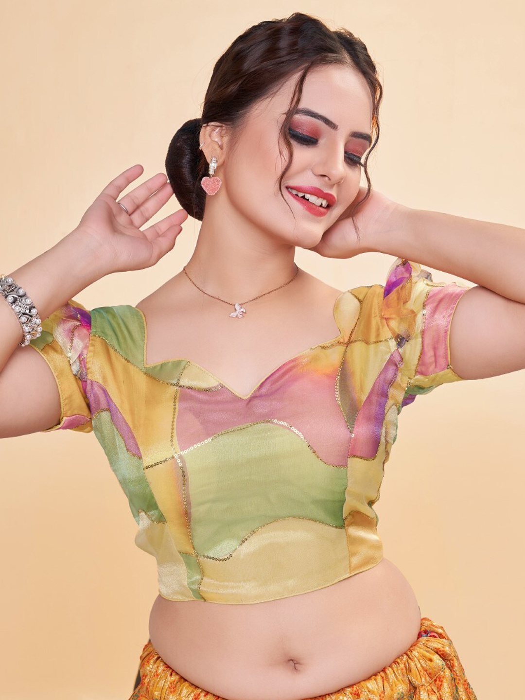 

HIMRISE Embellished Organza Saree Blouse, Yellow