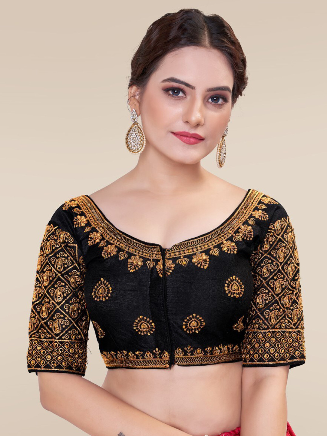 

HIMRISE Embroidered Silk Saree Blouse, Black