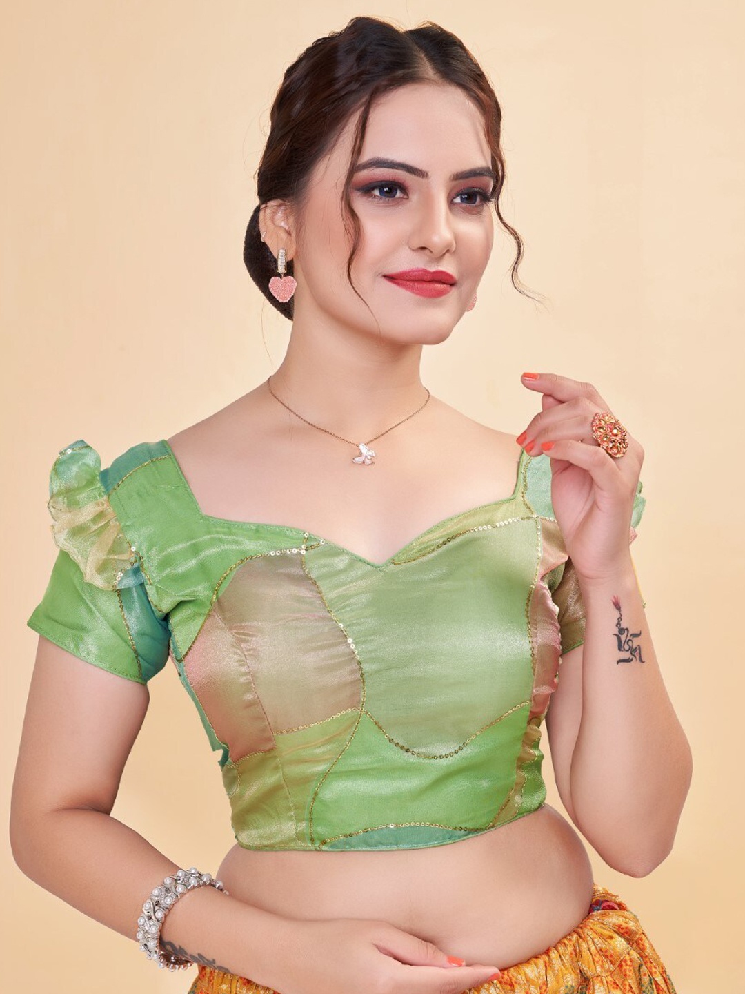 

HIMRISE Embellished Organza Saree Blouse, Green