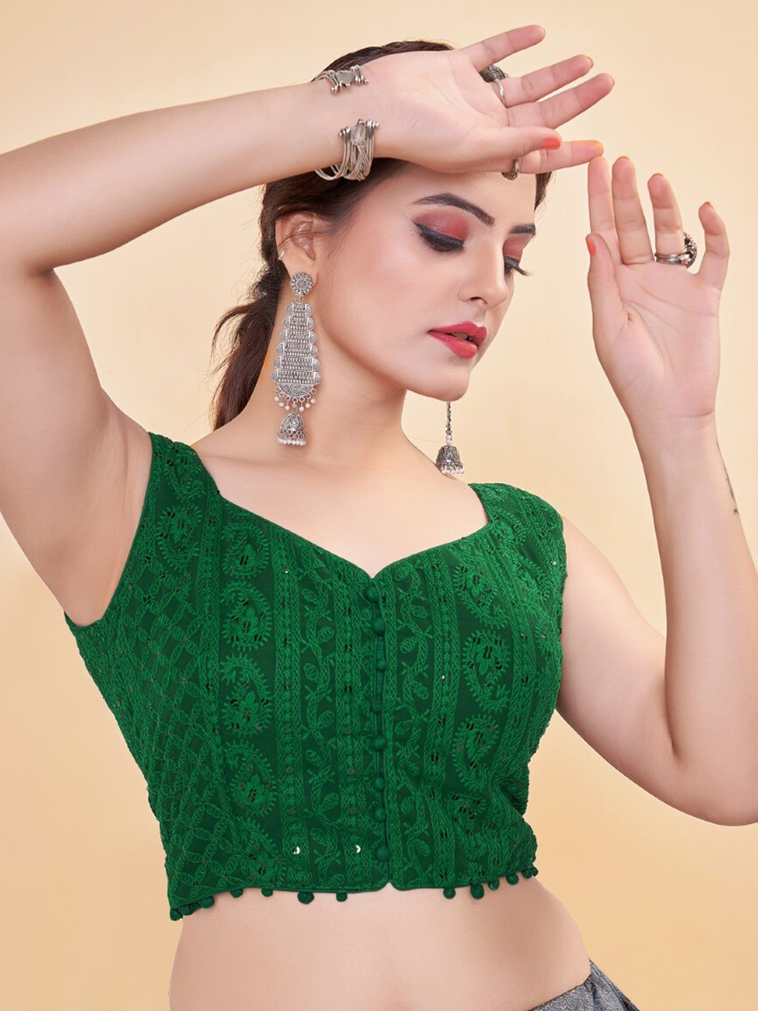 

HIMRISE Embroidered Georgette Saree Blouse, Green