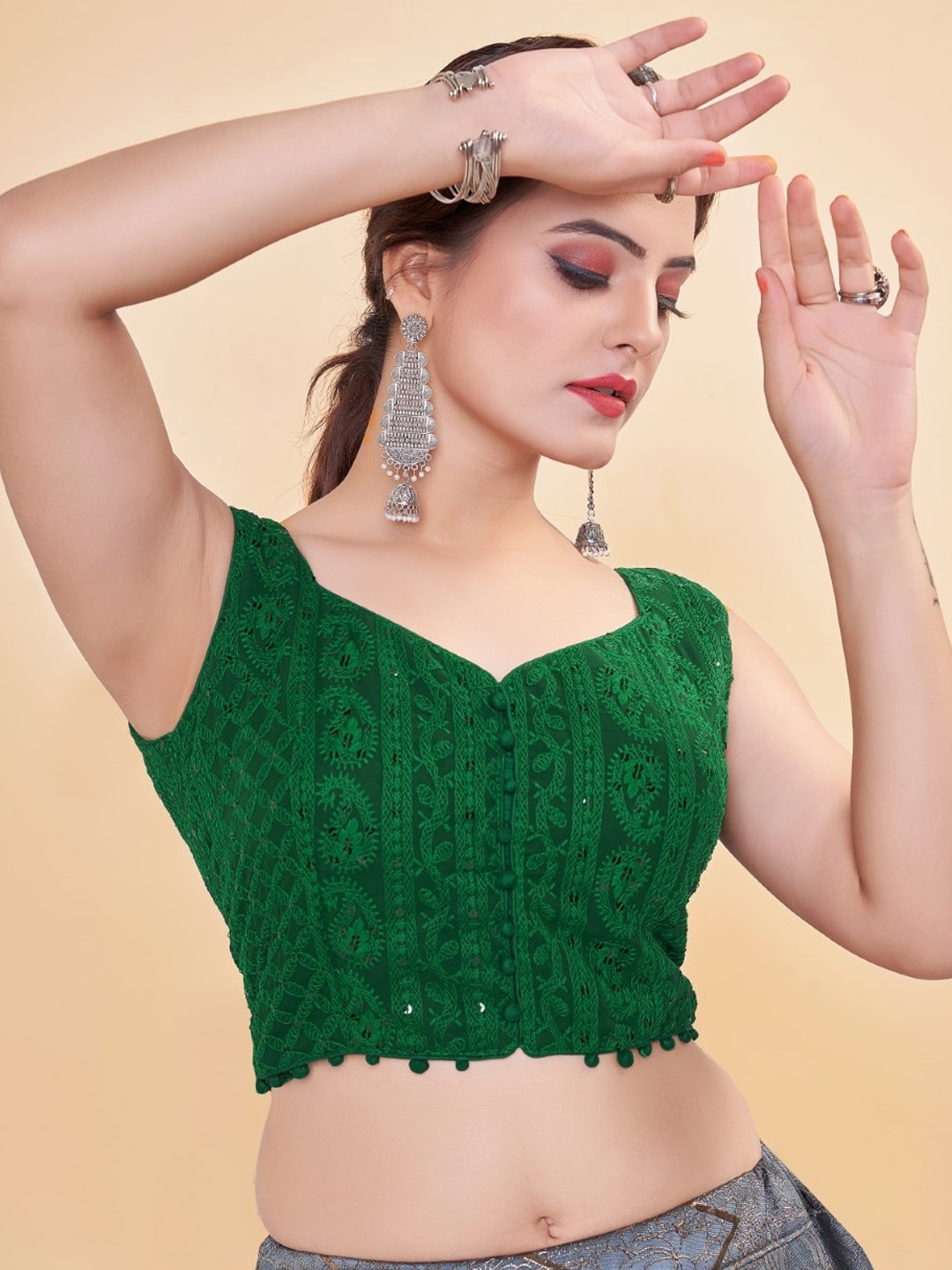 

HIMRISE Embroidered Sweetheart Neck Saree Blouse, Green