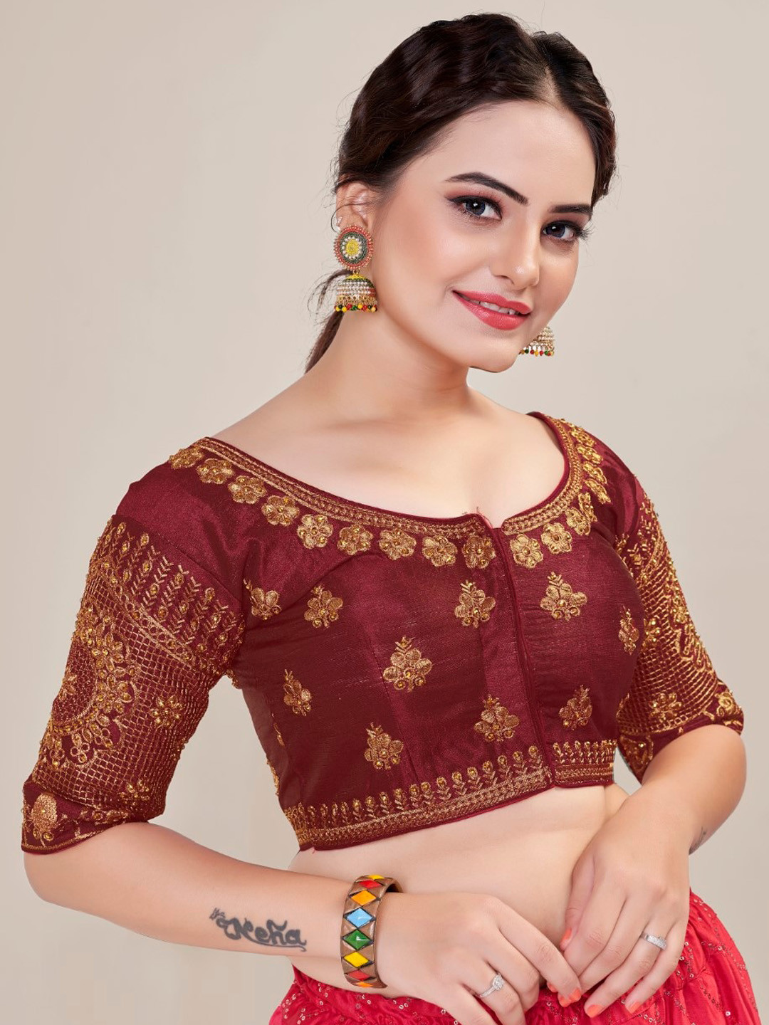 

HIMRISE Embroidered Silk Saree Blouse, Brown