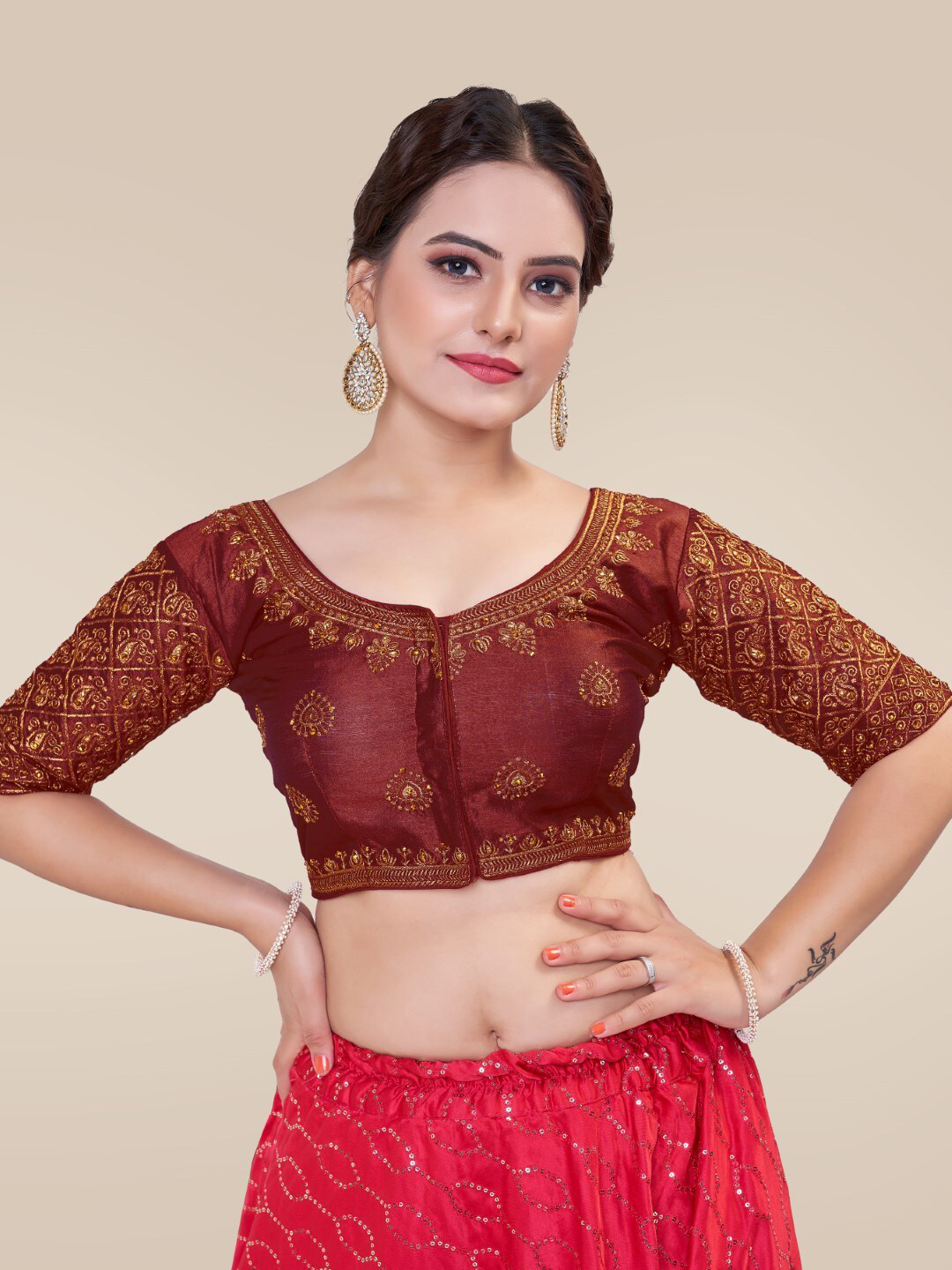 

HIMRISE Embroidered Round Neck Silk Saree Blouse, Maroon