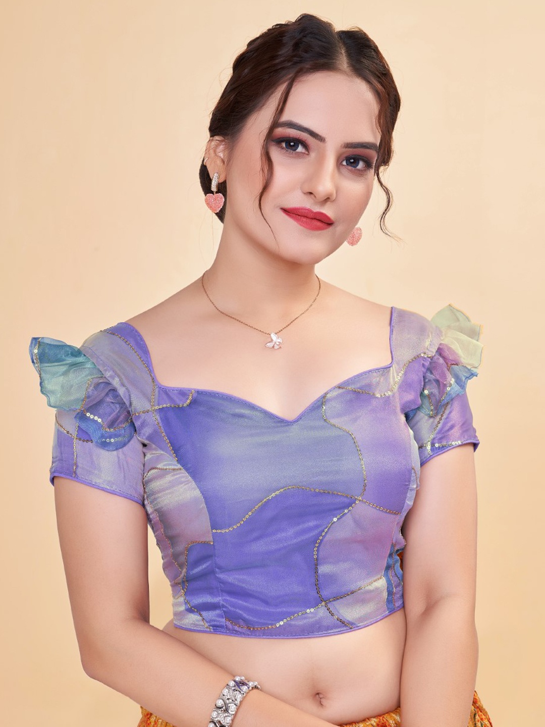 

HIMRISE Embellished Organza Saree Blouse, Purple