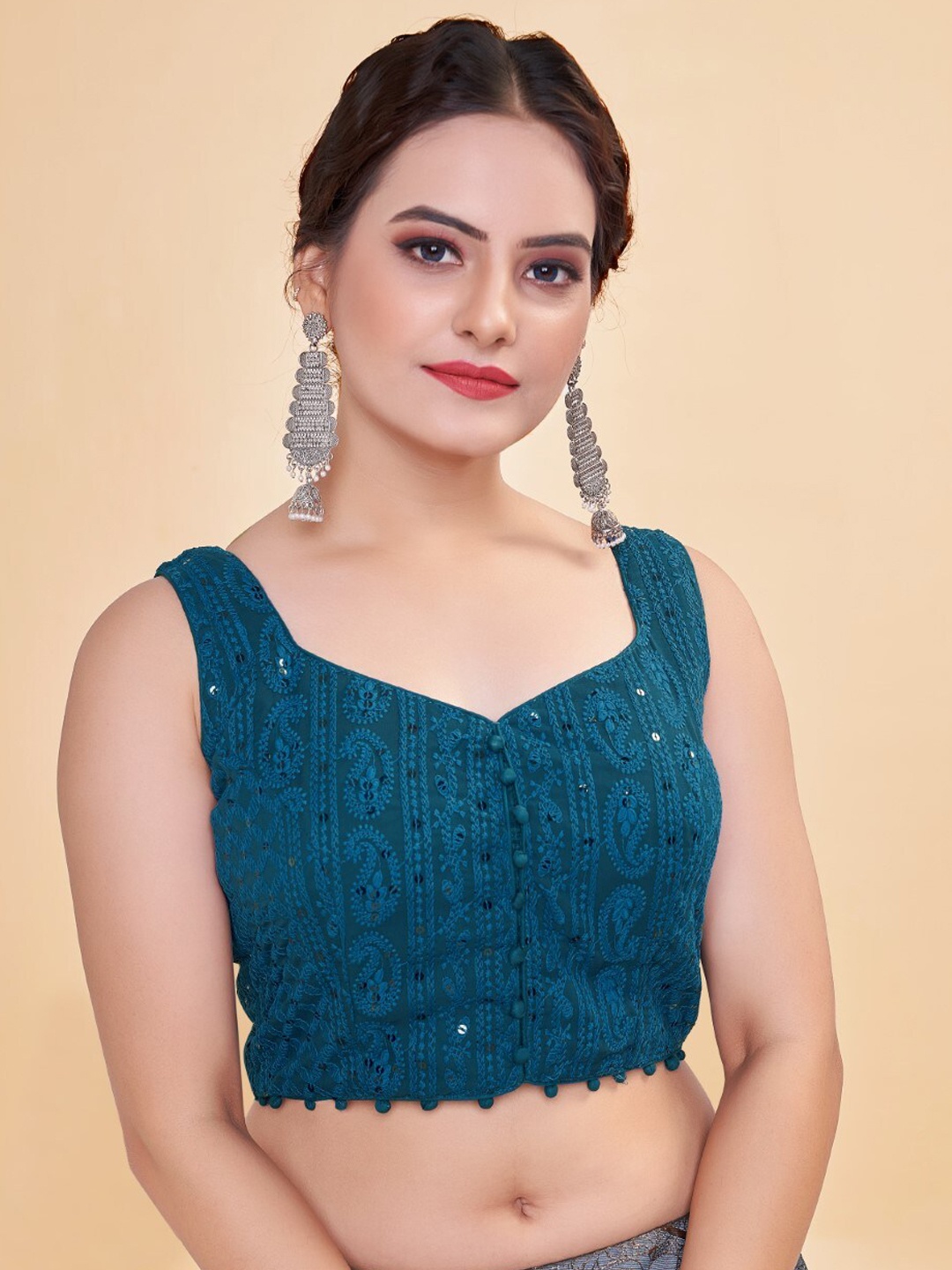 

HIMRISE Embroidered Sleeveless Saree Blouse, Teal