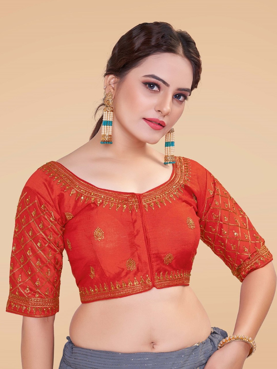 

HIMRISE Embroidered Silk Saree Blouse, Red