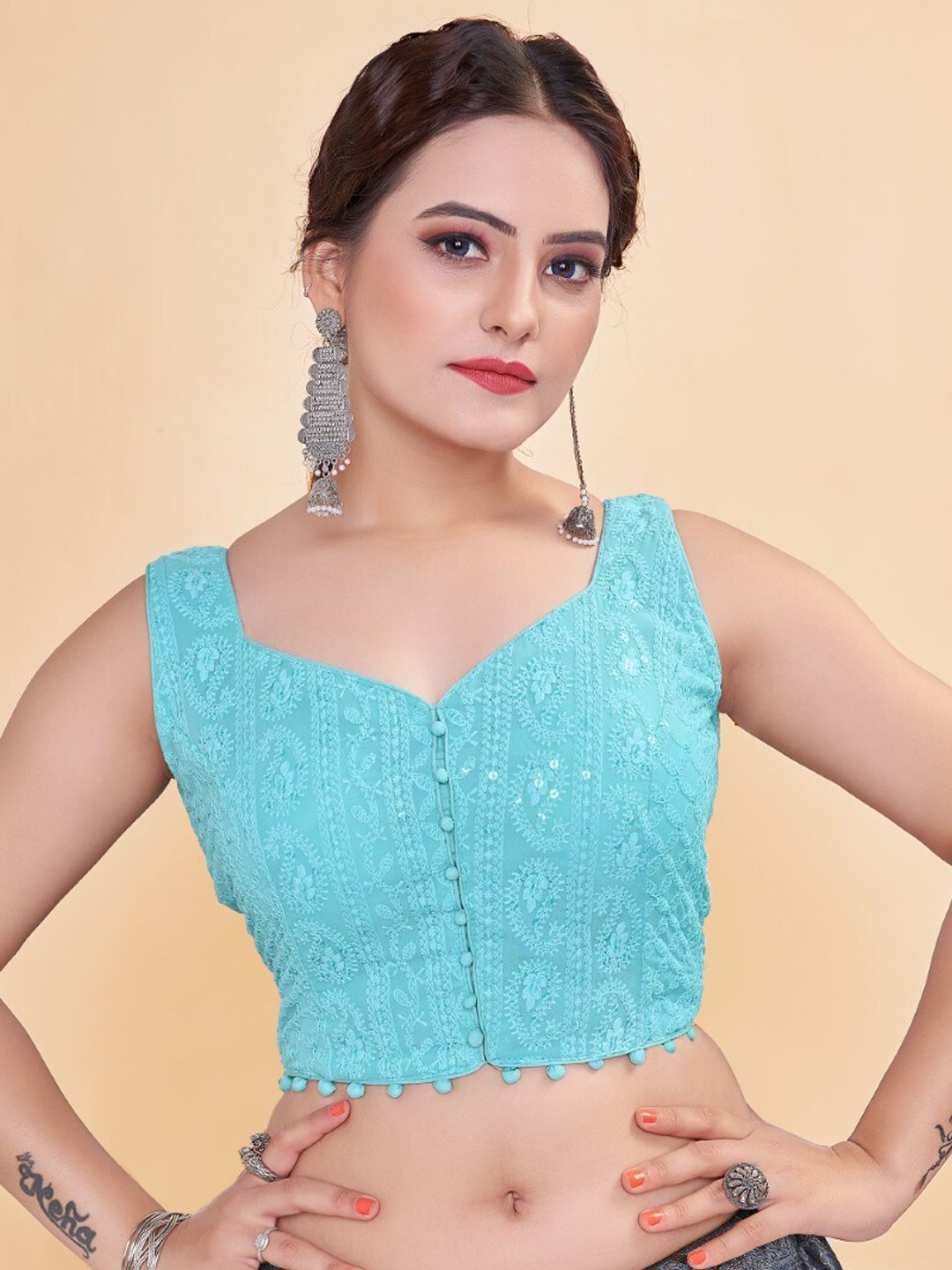 

HIMRISE Embroidered Sweetheart Neck Sleeveless Saree Blouse, Teal