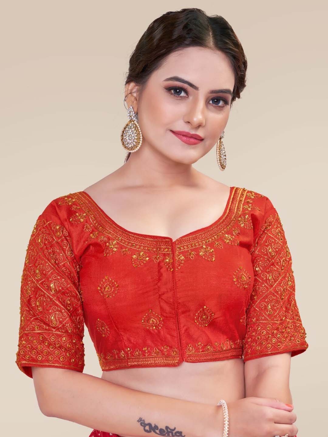

HIMRISE Embroidered Round Neck Silk Saree Blouse, Red